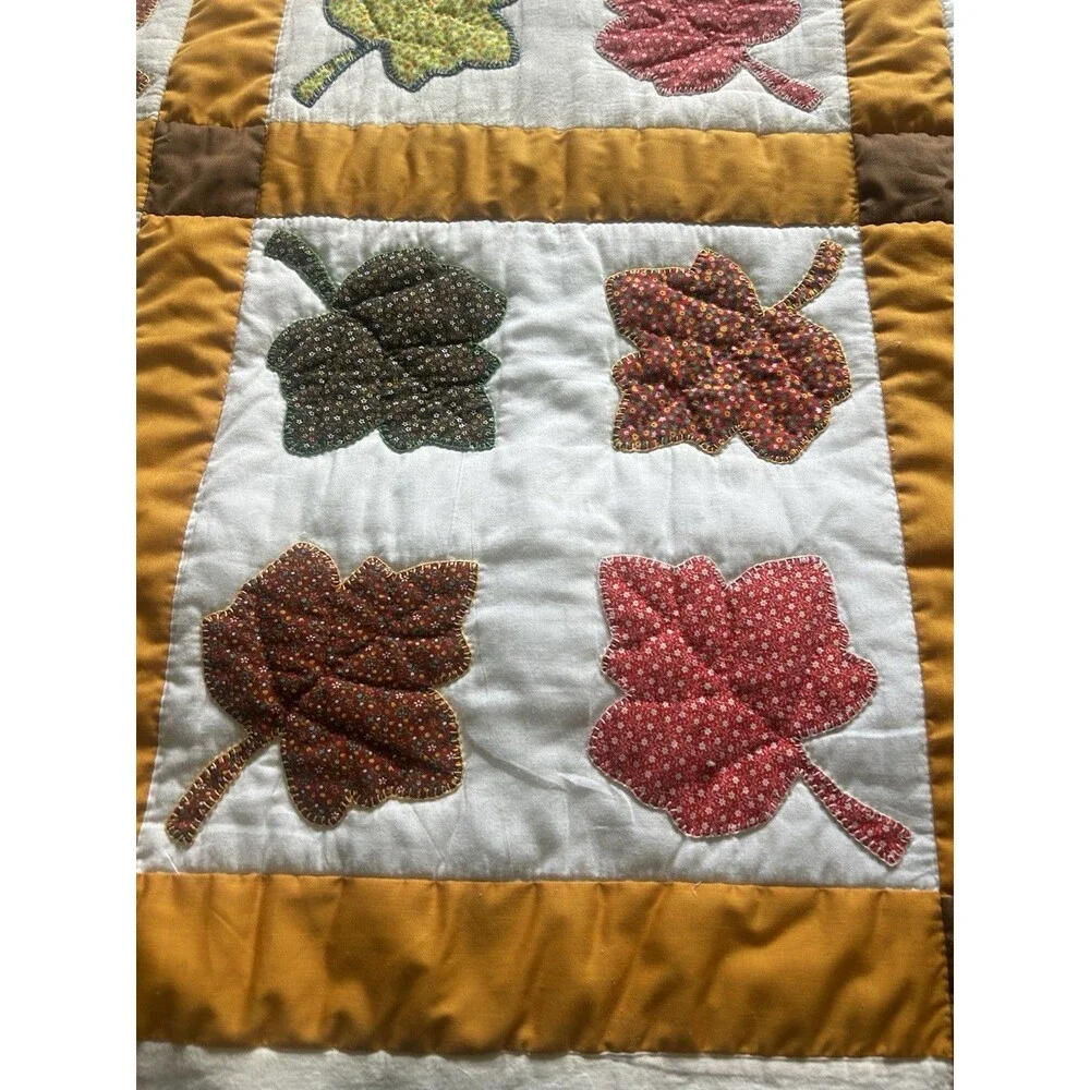 Handmade Fall Autumn Leaf Patchwork Quilt 73x92 Vtg Twin -Queen Throw Rustic